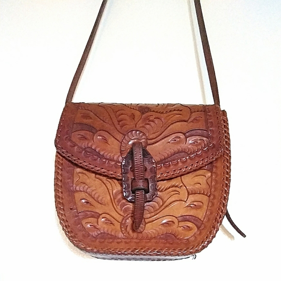 Vintage Handbags - Vintage Leather Tooled Crossbody Bag